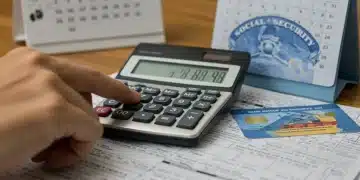 Hand holding calculator with Social Security card, symbolizing 2026 COLA forecast