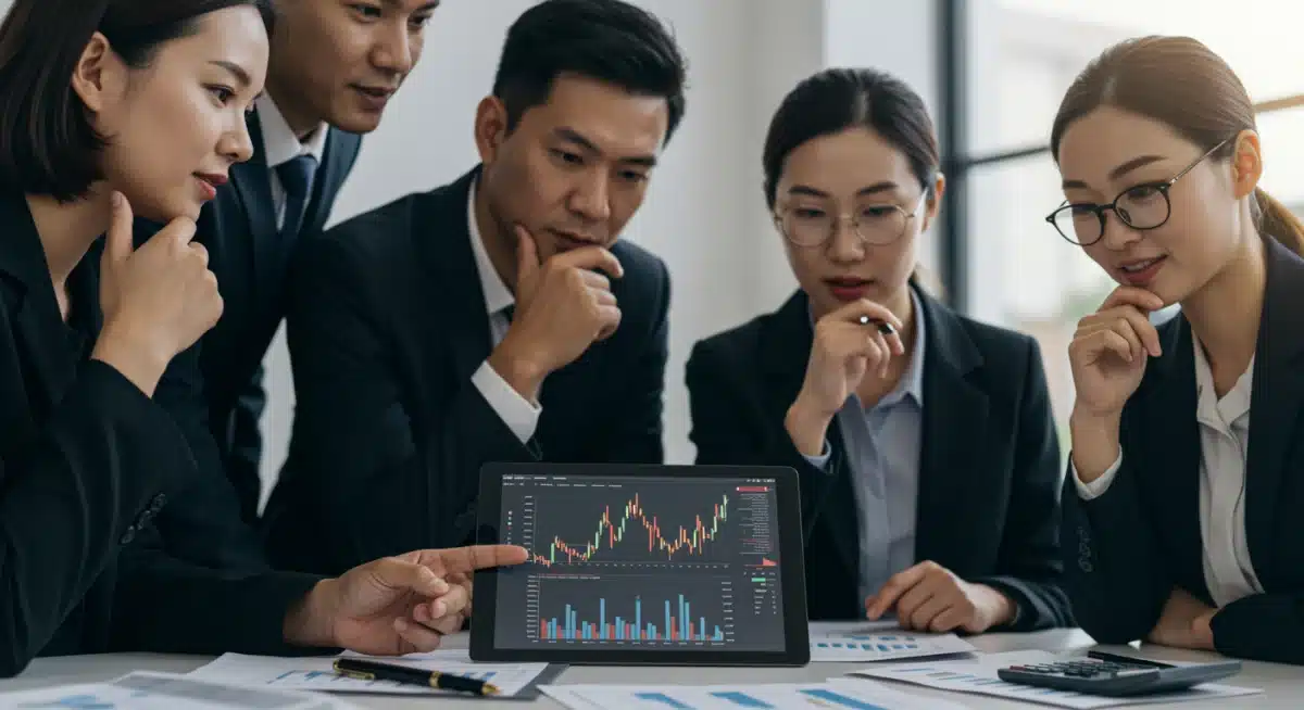 Investors analyzing financial data on a tablet, planning strategies for economic changes.