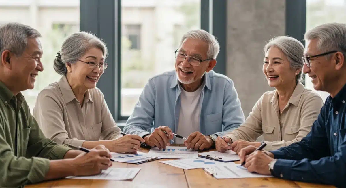 Senior citizens discussing financial planning and Social Security benefits