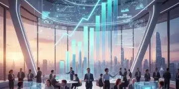 Professionals collaborating in a modern office with growth charts, symbolizing 2026 job growth projections and economic expansion.