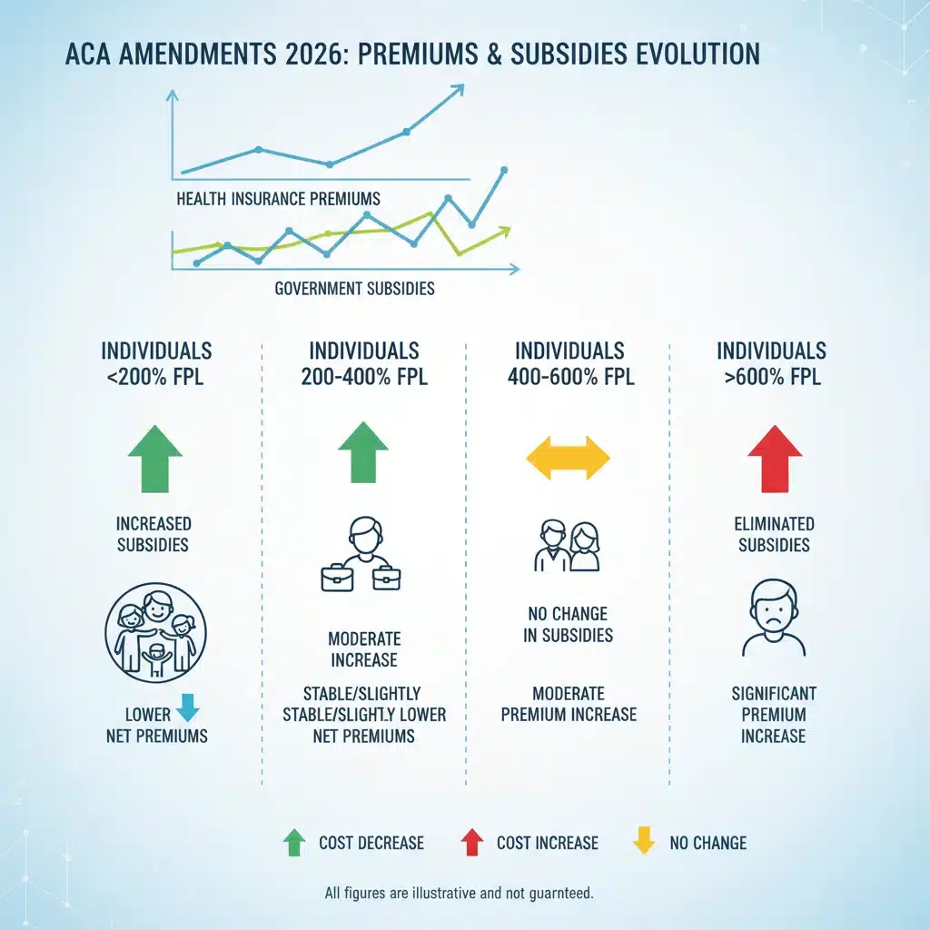 Infographic showing changes in health insurance premiums and subsidies under ACA 2026 amendments.