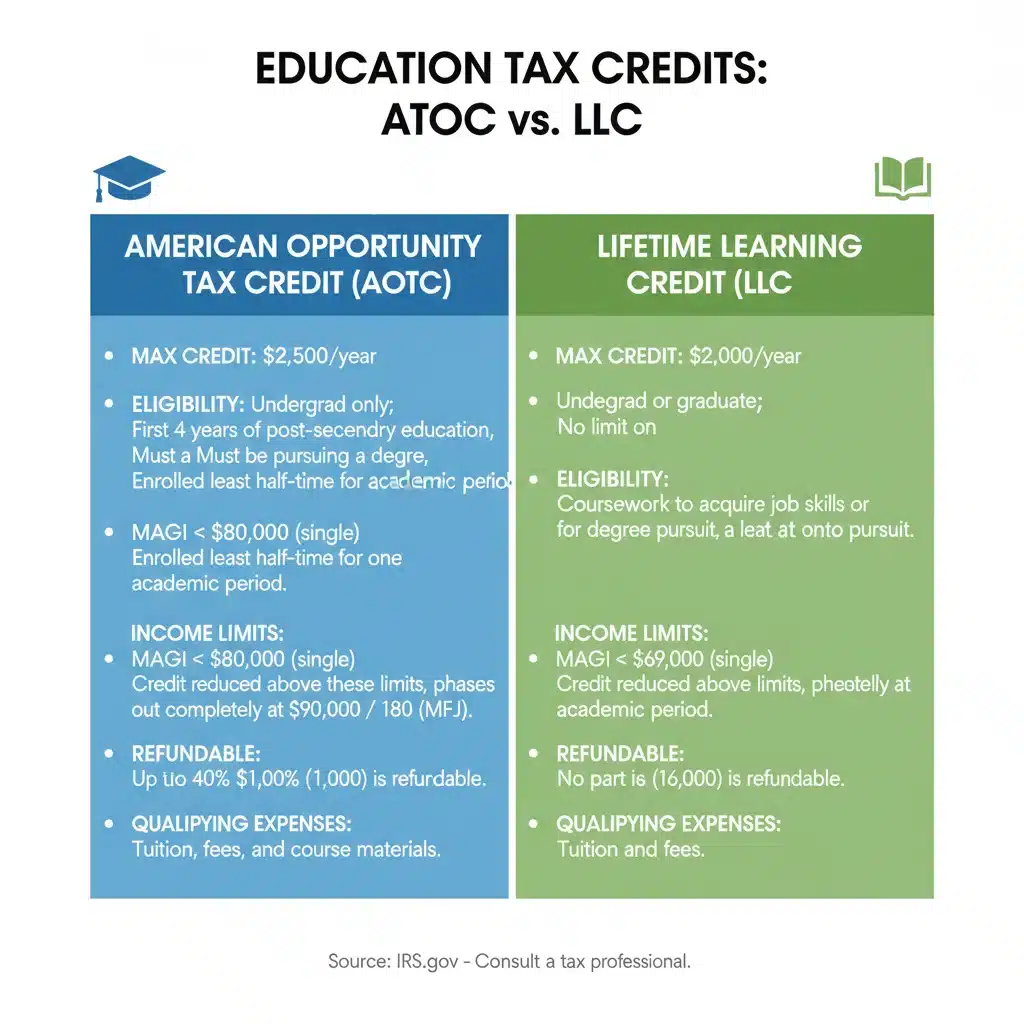Infographic comparing American Opportunity Tax Credit and Lifetime Learning Credit