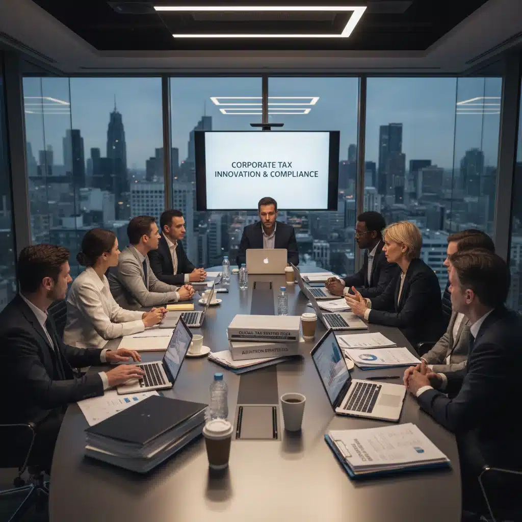 Business team discussing corporate strategy and tax regulations in a modern office.