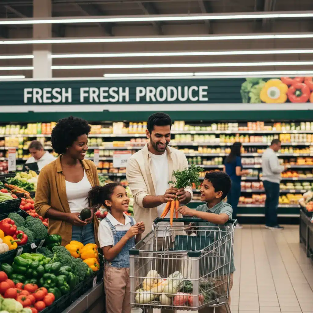 Happy family shopping for groceries in supermarket
