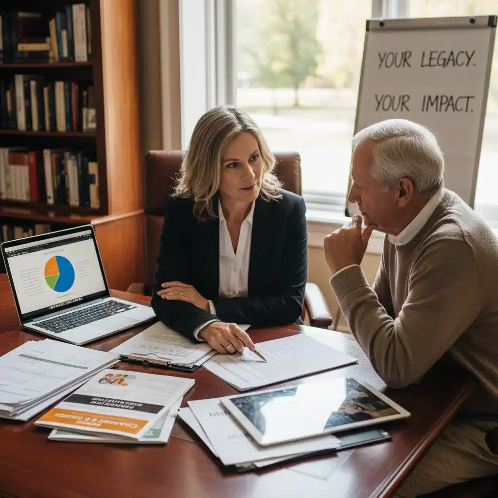 Financial advisor explaining charitable giving strategies to a retiree