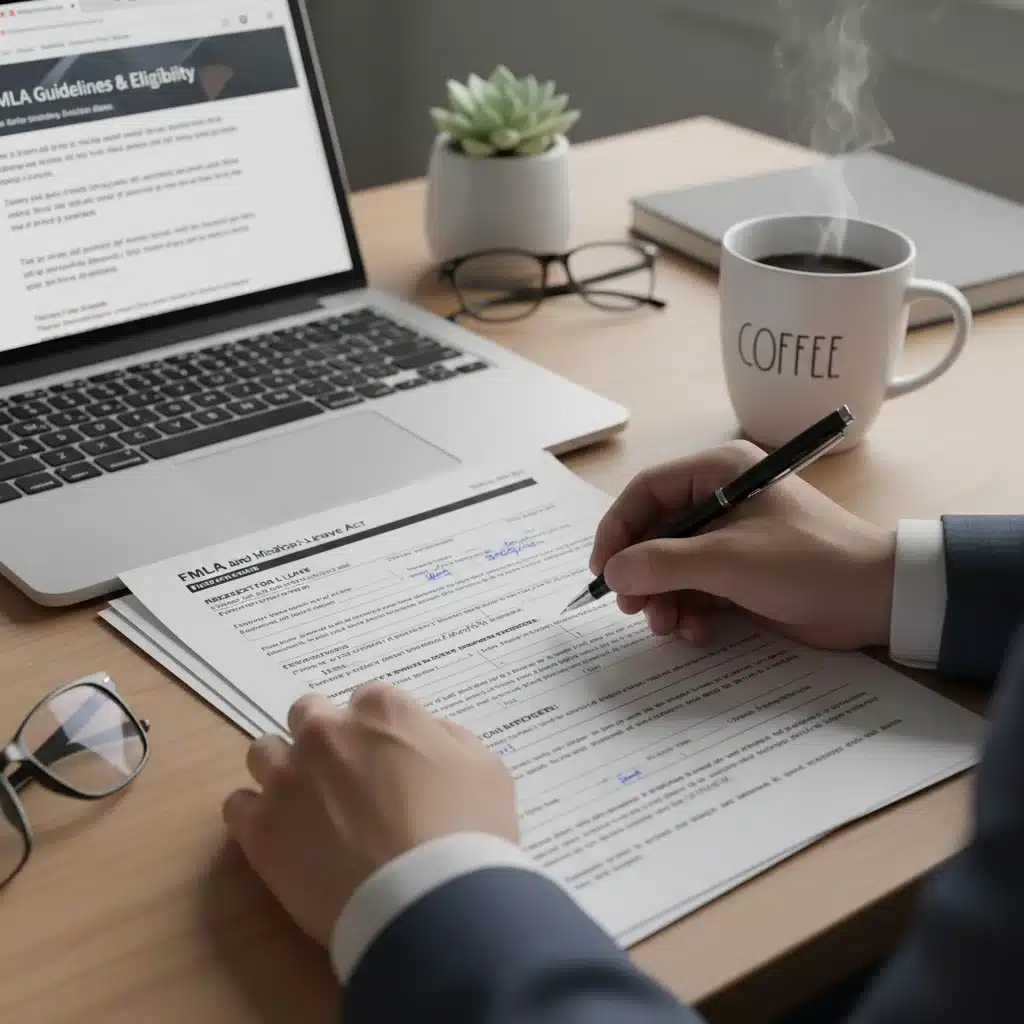 Hands filling out Family and Medical Leave Act application forms