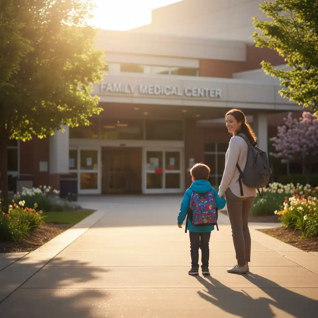 Parent and child leaving hospital after medical care