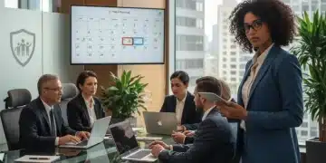 Employees discussing FMLA leave in a modern office environment