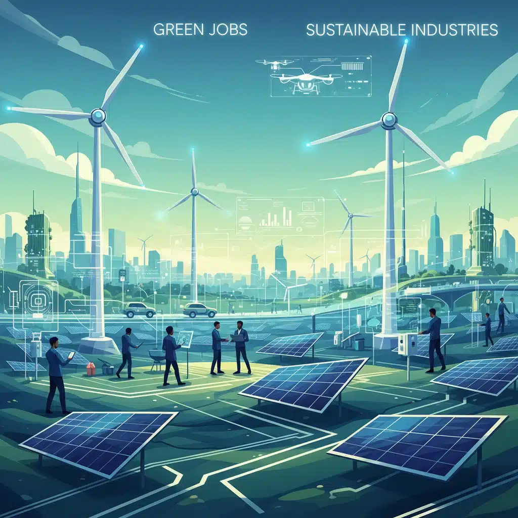 Stylized representation of renewable energy infrastructure, highlighting the growth of green jobs and sustainable industries.