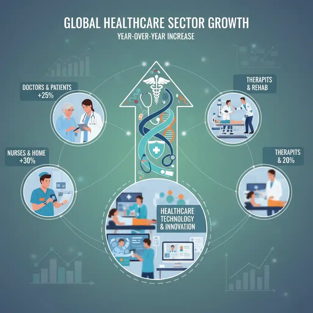 Infographic illustrating healthcare professionals and technology, representing strong growth in the healthcare sector for 2026.