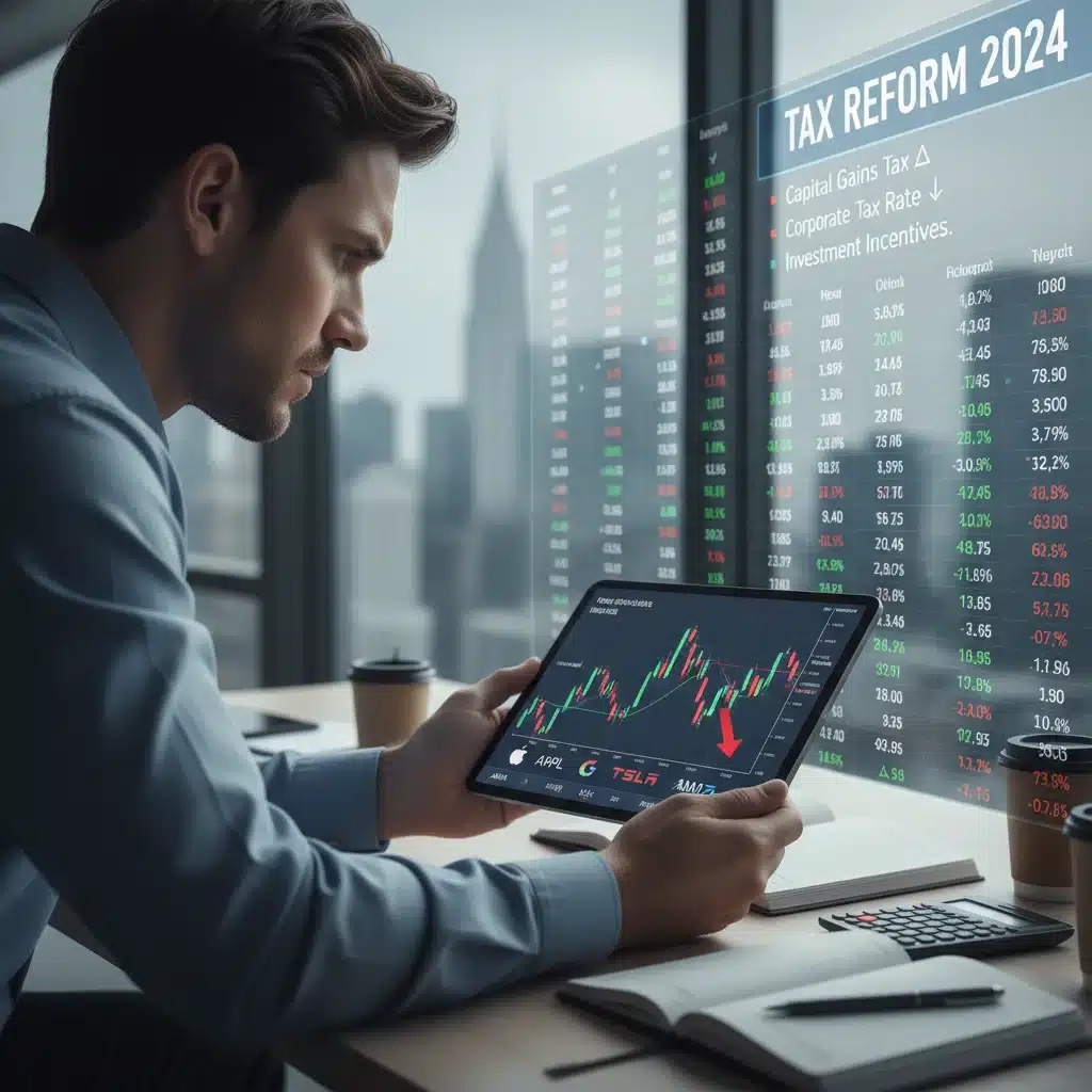 Investor analyzing stock market data on a tablet, considering corporate tax changes.