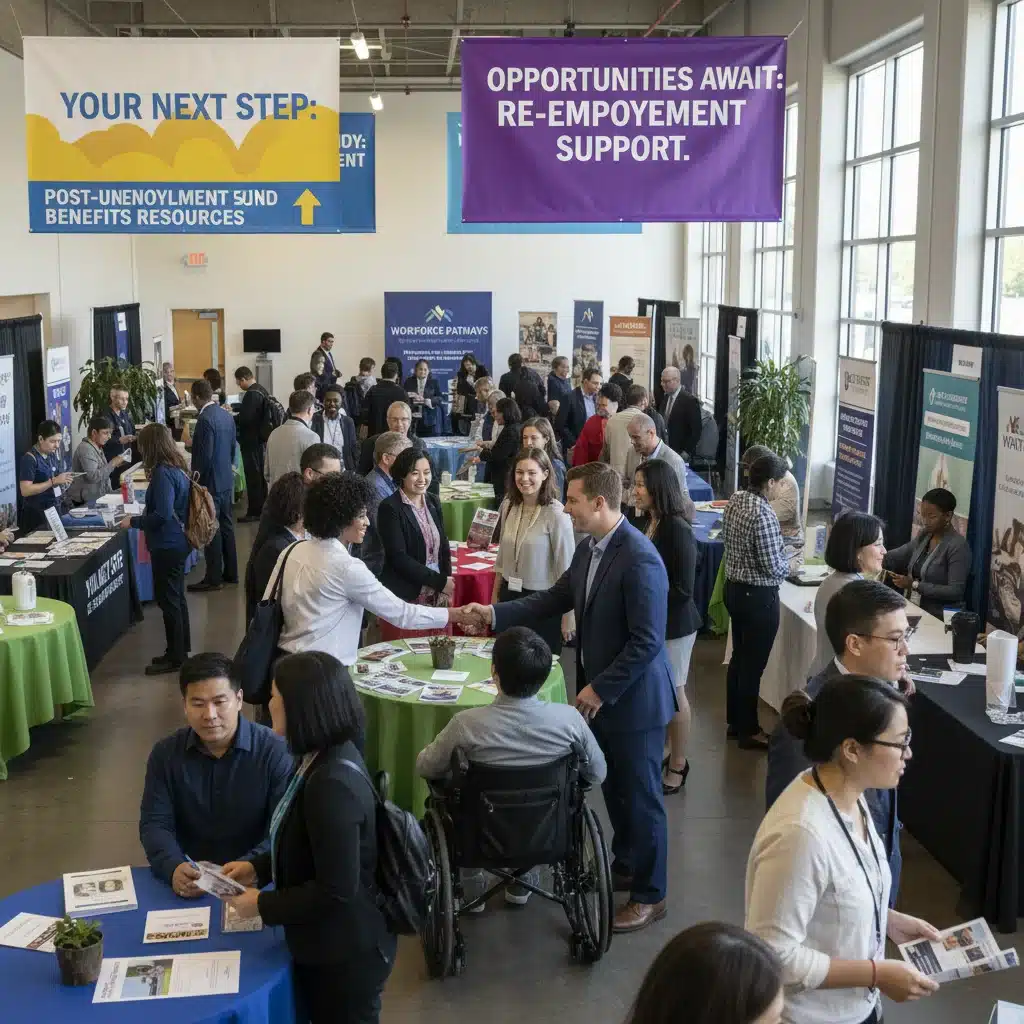 Job seekers at a career fair, actively looking for re-employment opportunities and support services