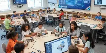 Students collaborating on a robotics project in a modern STEM classroom, symbolizing future-ready education.
