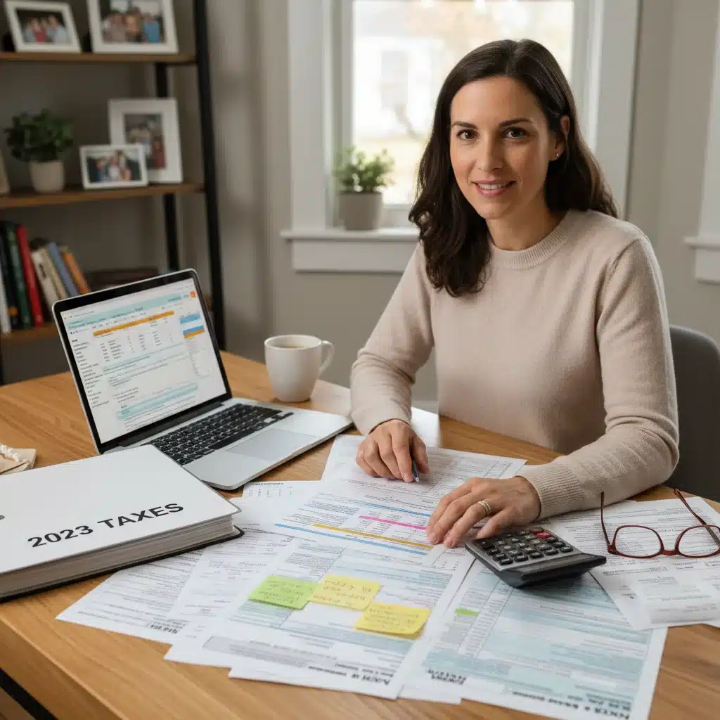 Parent reviewing tax documents, calculating child tax credit benefits.