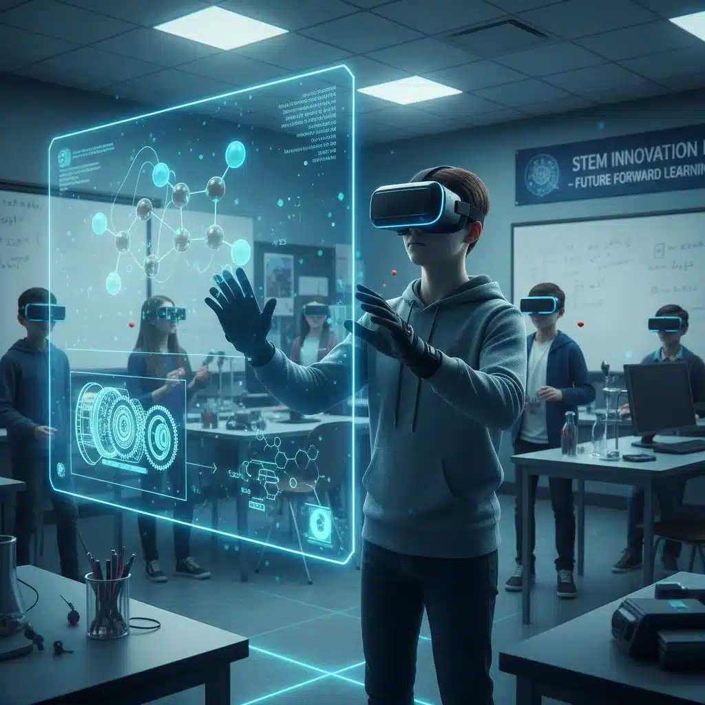 High school student using VR for an immersive STEM learning experience.