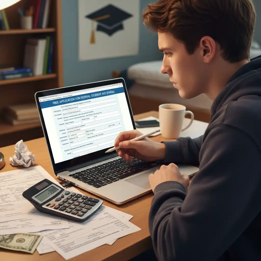 Student completing financial aid application on laptop