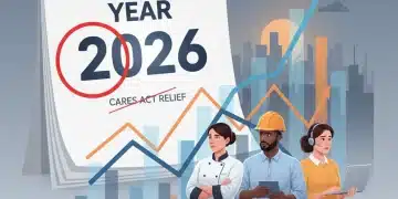 Calendar highlighting 2026 with economic graphs and small business owners, representing CARES Act sunset.