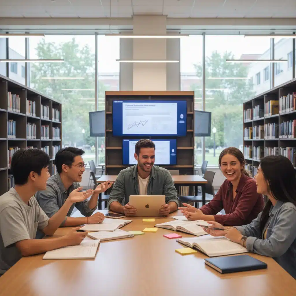 Diverse students collaborating in a modern university library