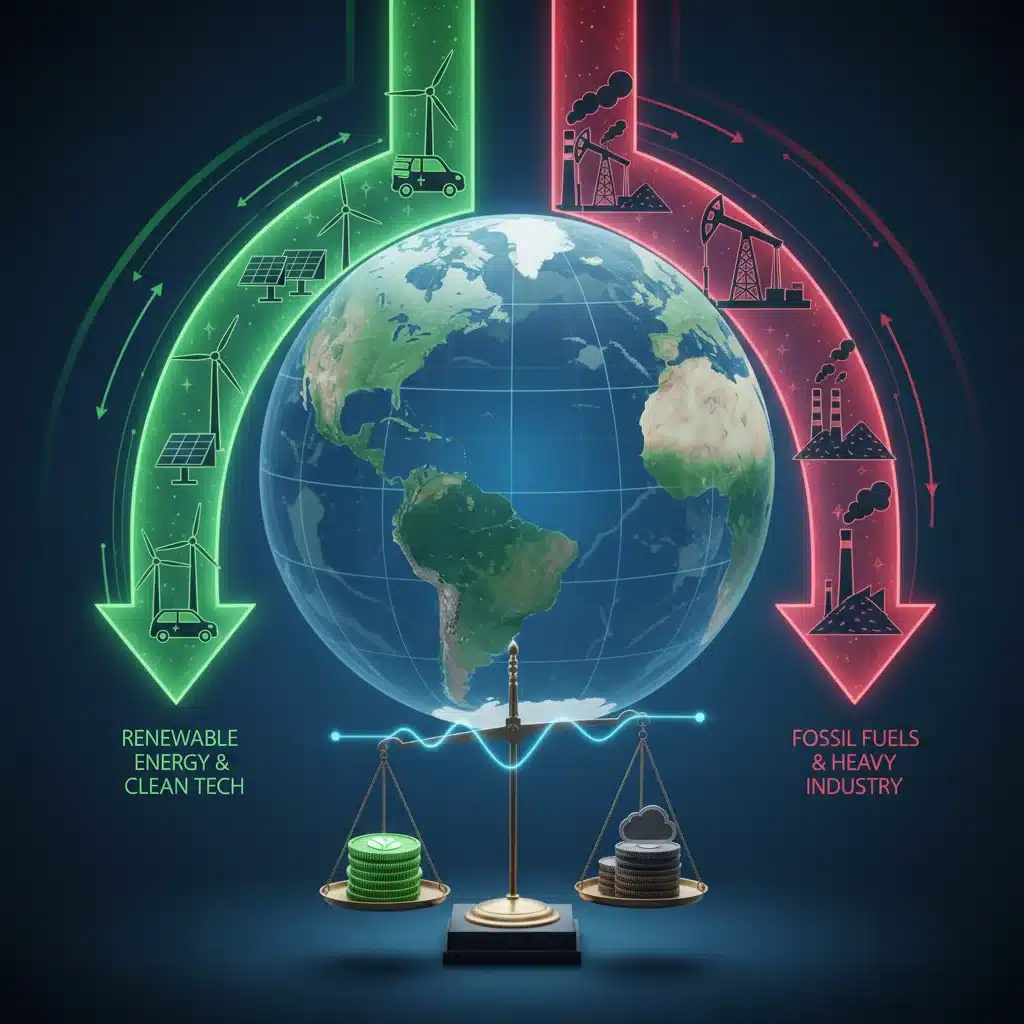 Economic graph showing shifts towards renewable energy and impact on carbon-intensive industries
