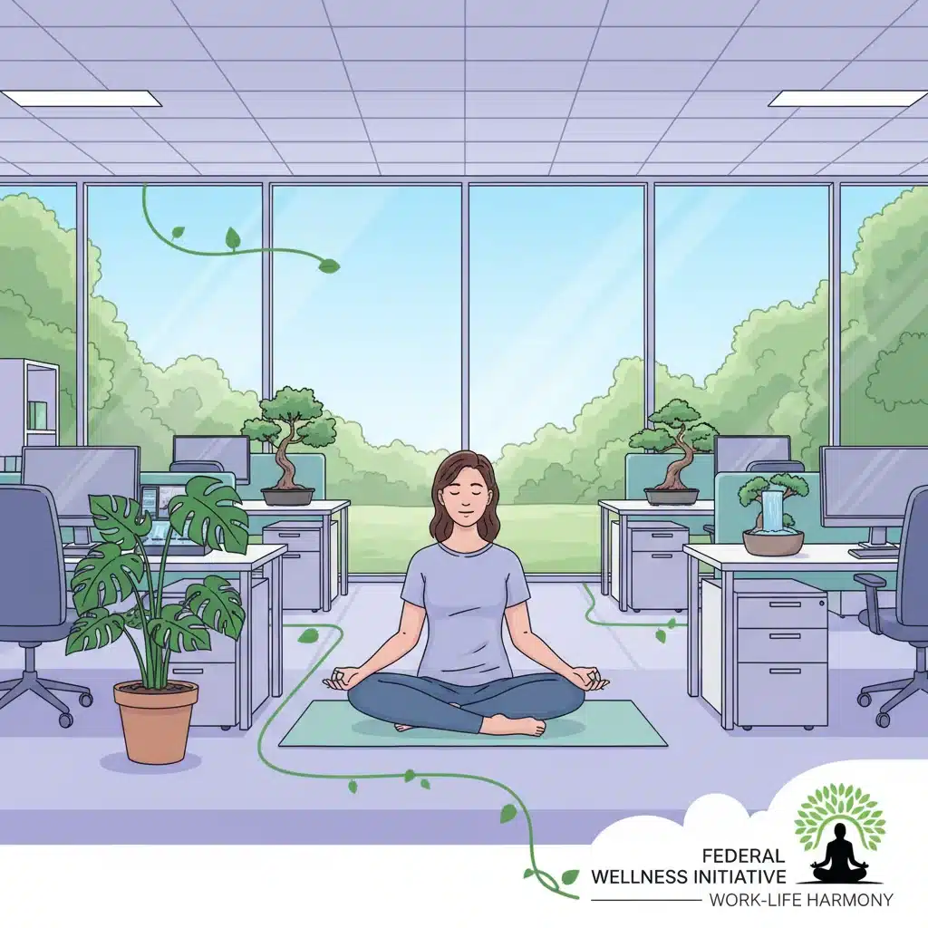 Employee engaging in wellness activities in an office, promoting work-life balance.