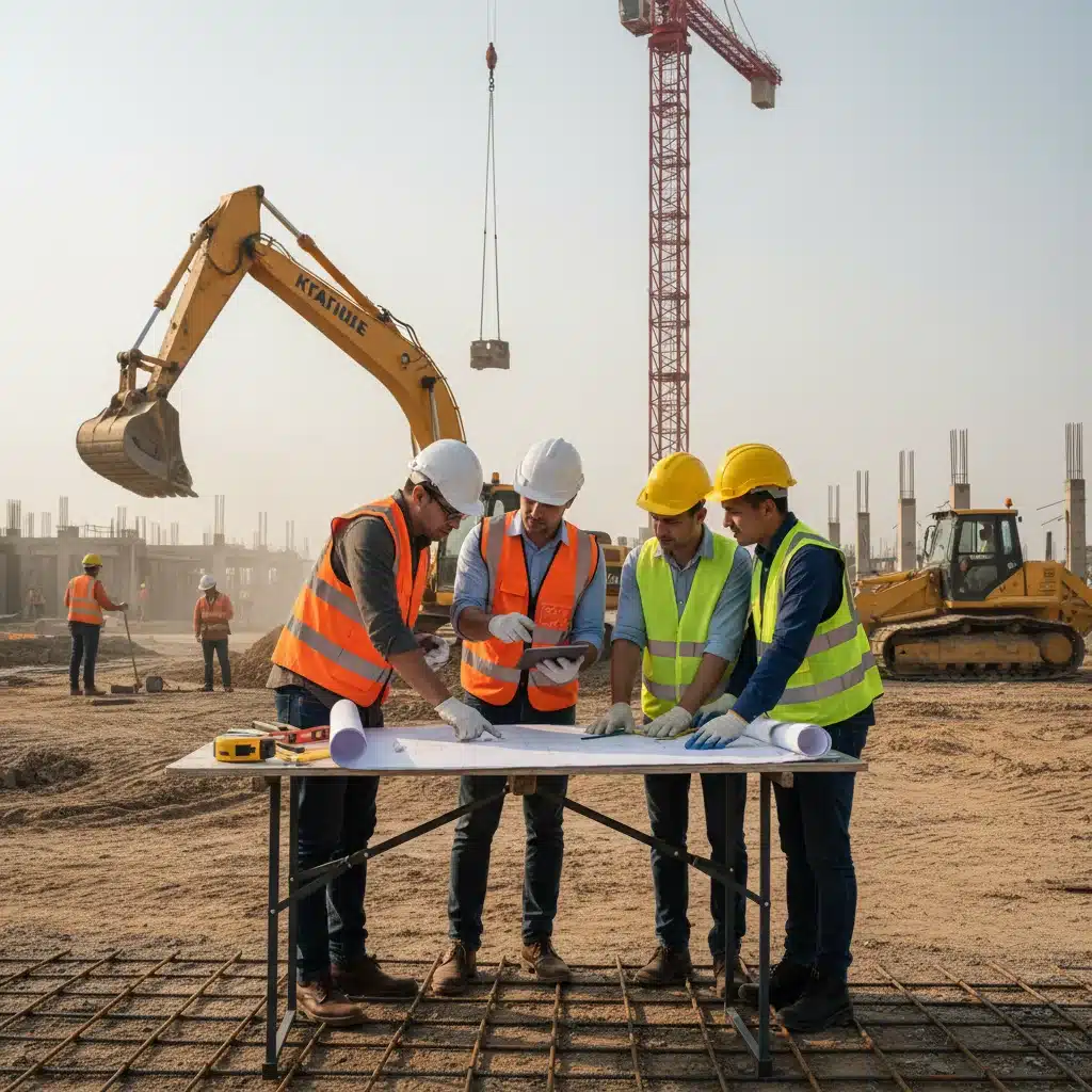Engineers and construction workers reviewing blueprints on a construction site.