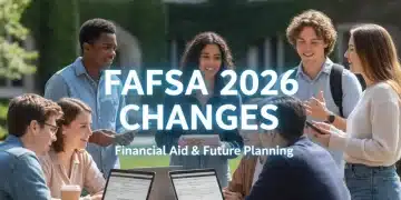 Students reviewing FAFSA 2026 changes on laptops with university backdrop