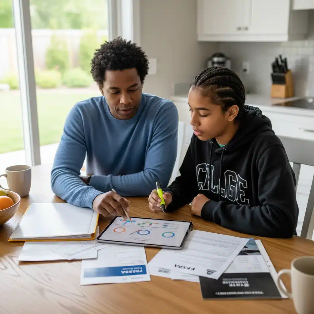Parent and student discussing college financial planning at kitchen table