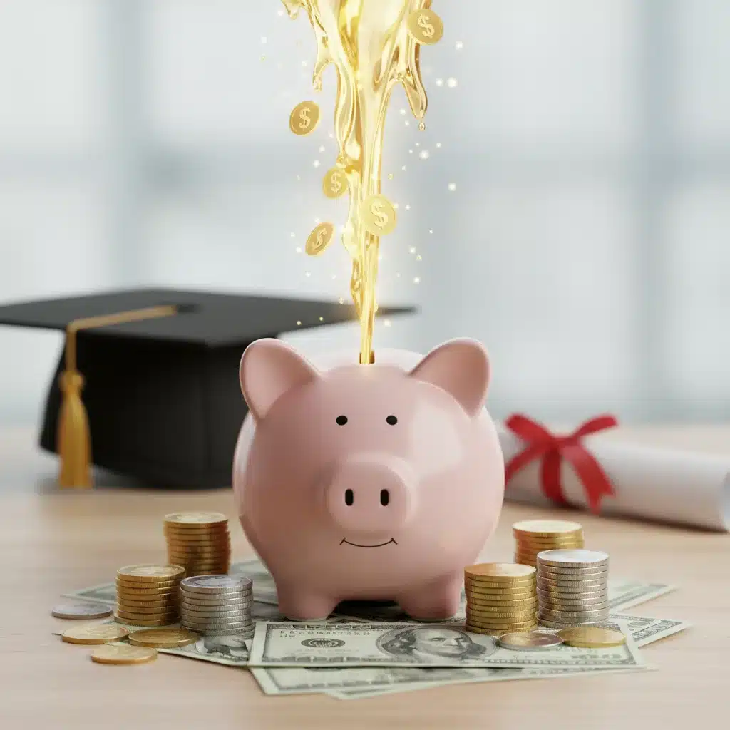 Illustration of financial aid flowing into a piggy bank with graduation items