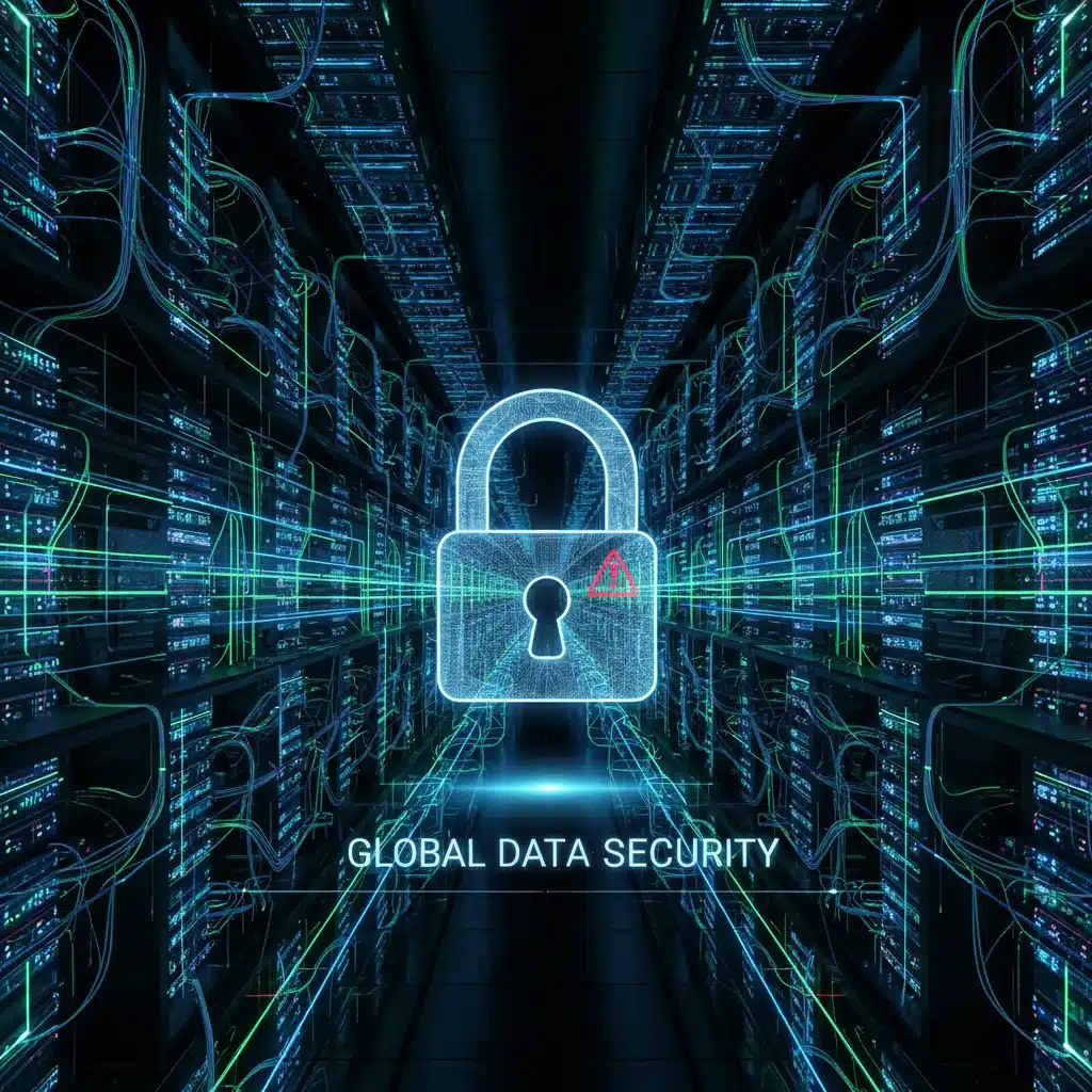 Interconnected data centers and servers with a prominent lock icon, illustrating global data security infrastructure