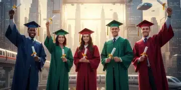 Diverse graduates looking confidently at a futuristic city, symbolizing readiness for the 2026 job market.