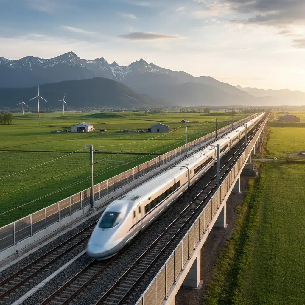 High-speed train on modern railway in rural landscape.