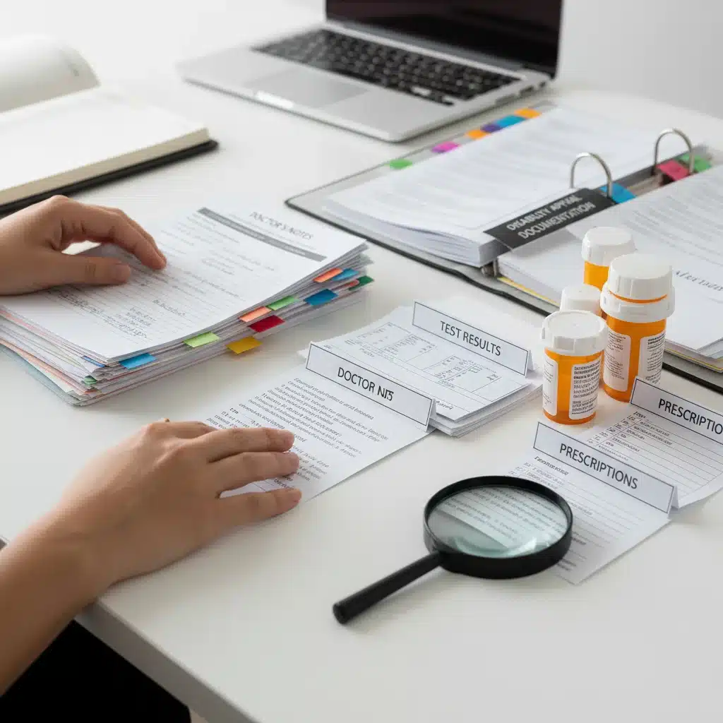 Hands organizing medical records for disability claim appeal