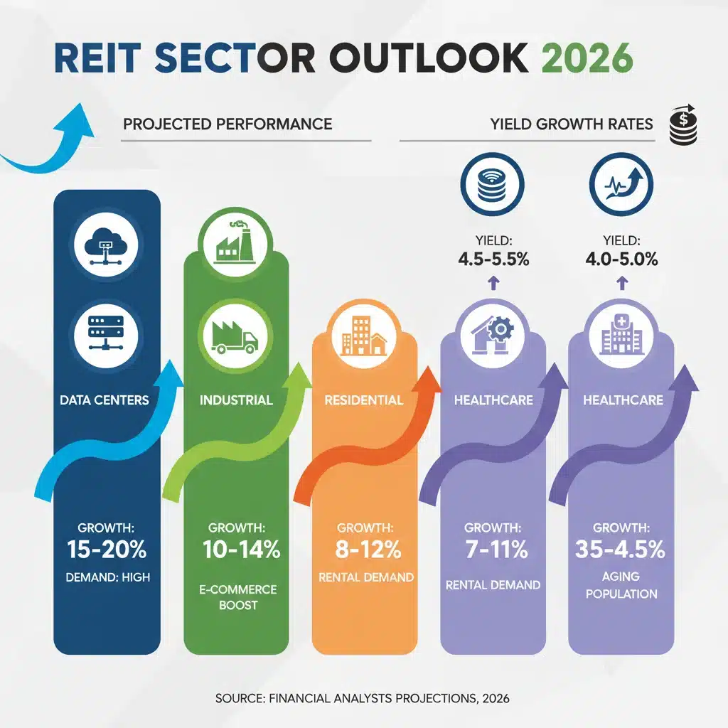Infographic detailing projected REIT sector performance and yield growth for 2026.