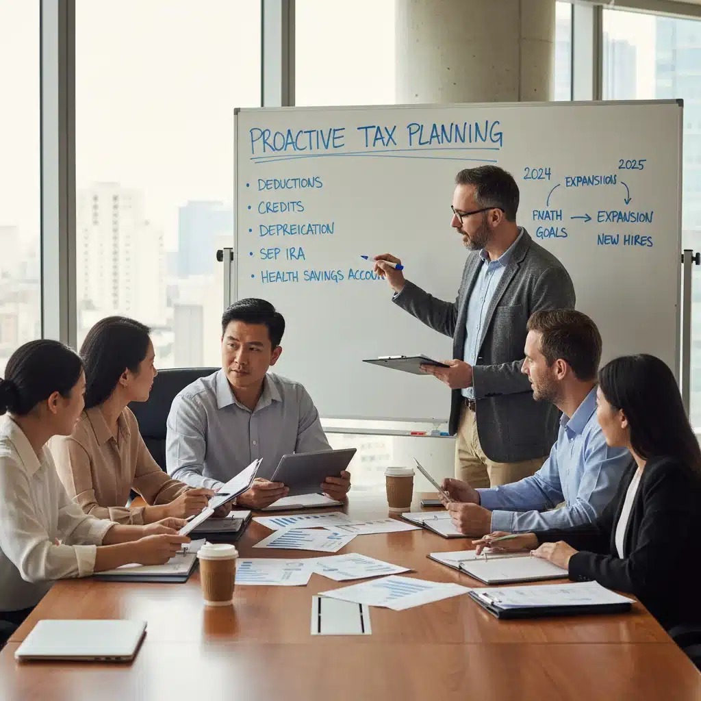 Small business owners strategizing for tax changes, discussing financial reports and future planning.