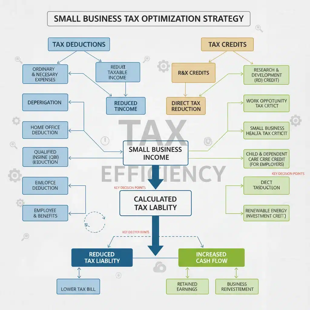 Flowchart illustrating various tax deductions and credits for small businesses, leading to tax optimization.