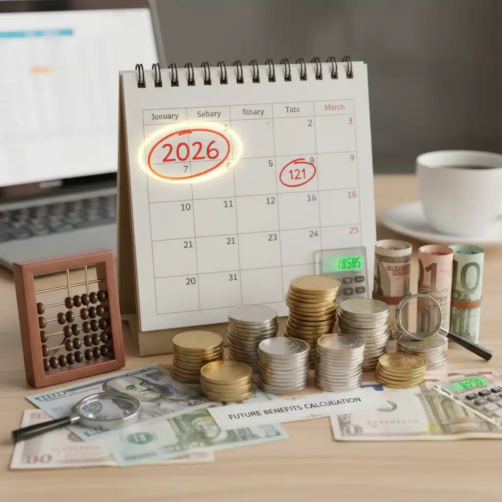 Calendar highlighting 2026 with financial symbols for benefits planning