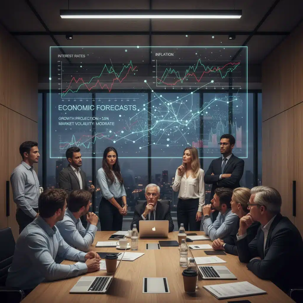Diverse individuals analyzing financial data and economic indicators for housing decisions.
