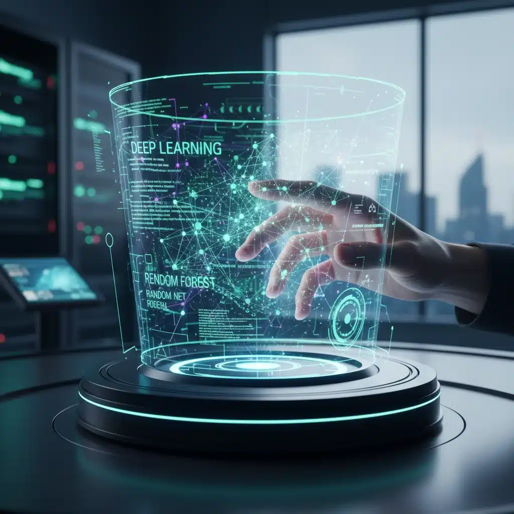 Hand interacting with holographic AI algorithms, symbolizing advanced machine learning certification.