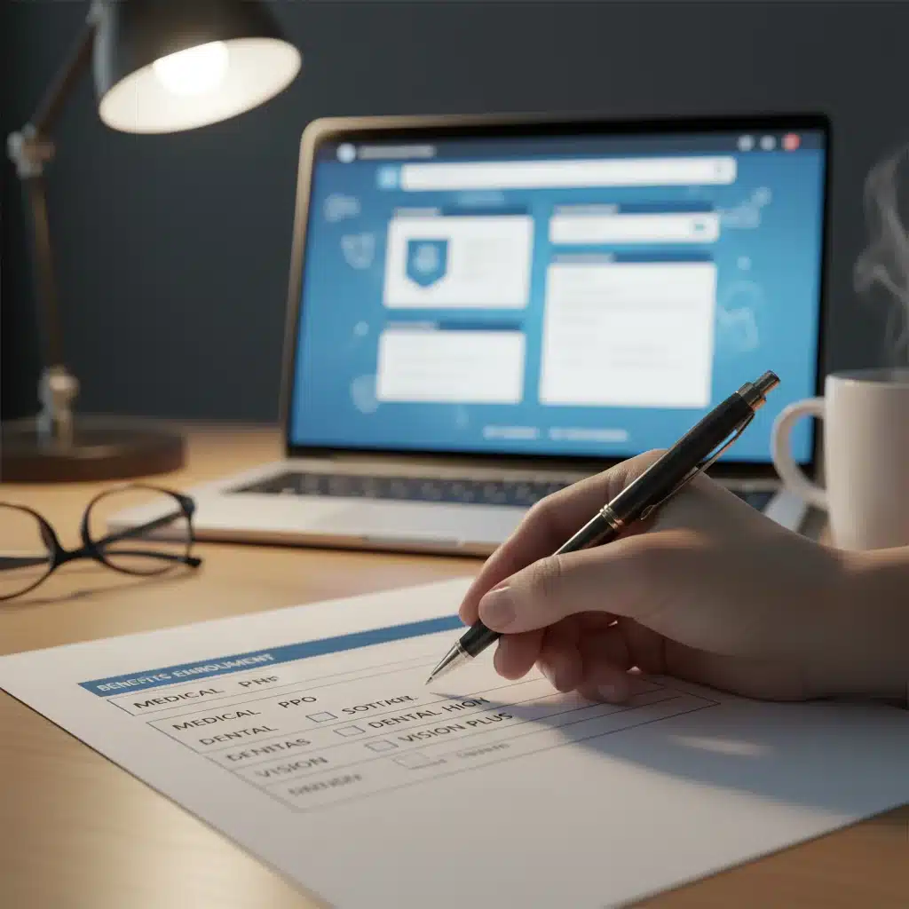 Detailed review of federal benefits enrollment form with a pen