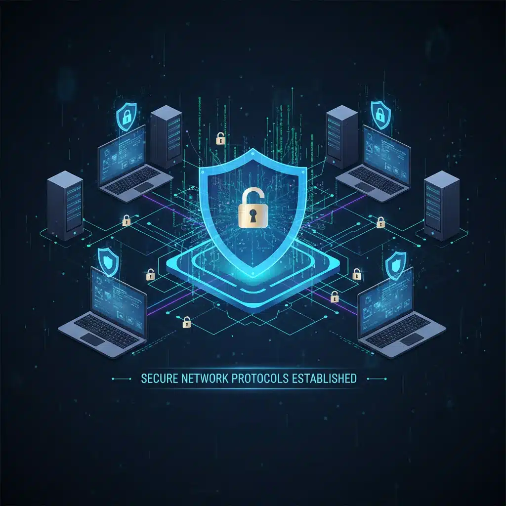 Diagram of a secure network with digital shield and padlock icons, representing cybersecurity protection.
