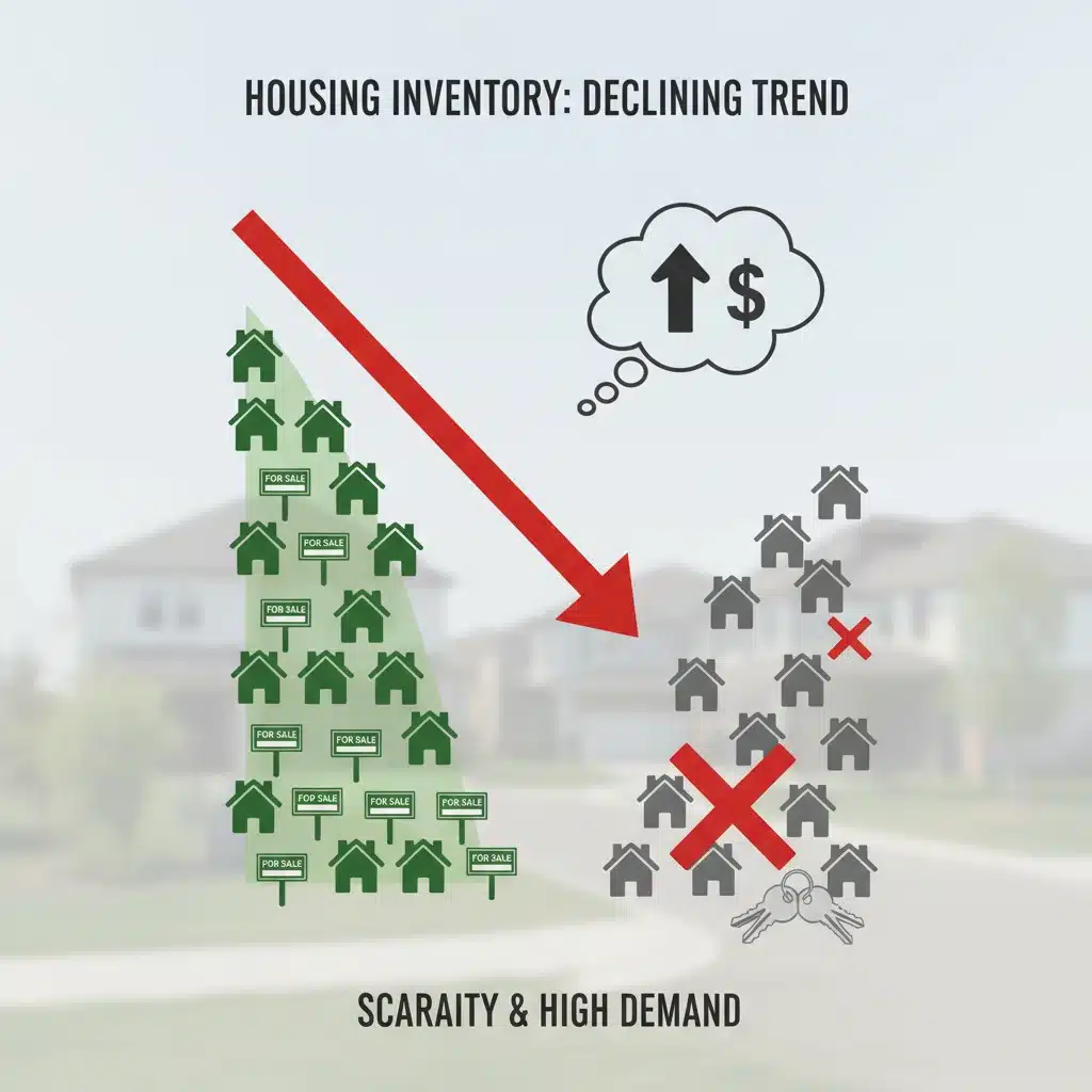 Depiction of dwindling housing inventory with fewer homes available.