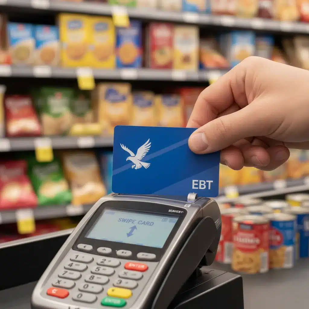 EBT card being swiped at a grocery store checkout