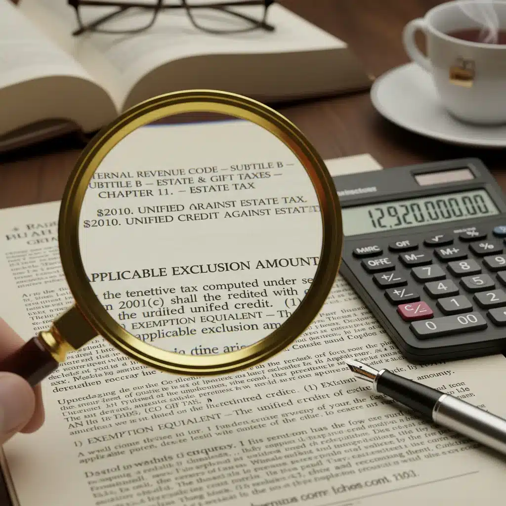 Magnifying glass examining estate tax regulations and legal documents
