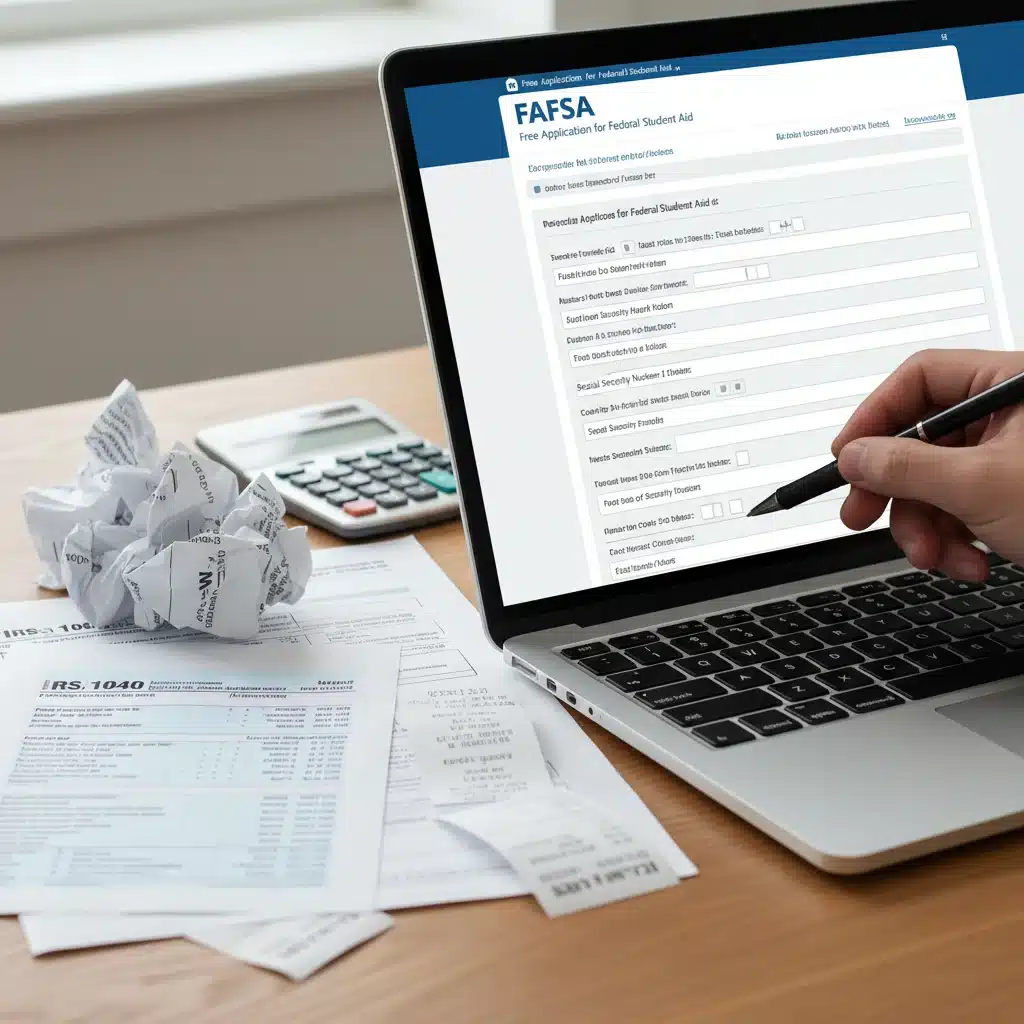 Person filling out the FAFSA form on a laptop, surrounded by financial documents.