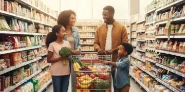Family grocery shopping with full cart, symbolizing food security