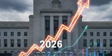 Federal Reserve building with upward arrow and financial charts, representing 2026 interest rate outlook.