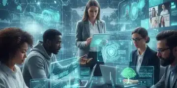 Professionals collaborating online on laptops with futuristic data and security interfaces, highlighting future-ready skills.