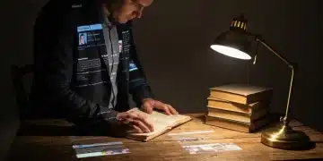 A person viewing fragmented digital news and social media projections on a dark wooden desk, lit by a single antique brass lamp, symbolizing the overwhelming nature of modern information.