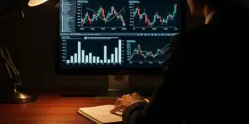 An investor discerns critical financial news on a dimly lit screen, hand resting on a notebook. Emphasizes critical news consumption and financial analysis.