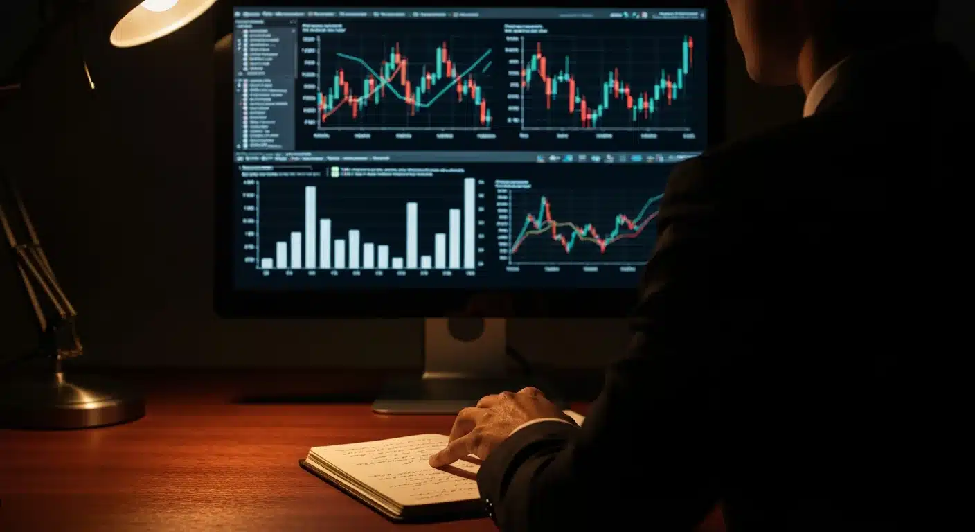 An investor discerns critical financial news on a dimly lit screen, hand resting on a notebook. Emphasizes critical news consumption and financial analysis.